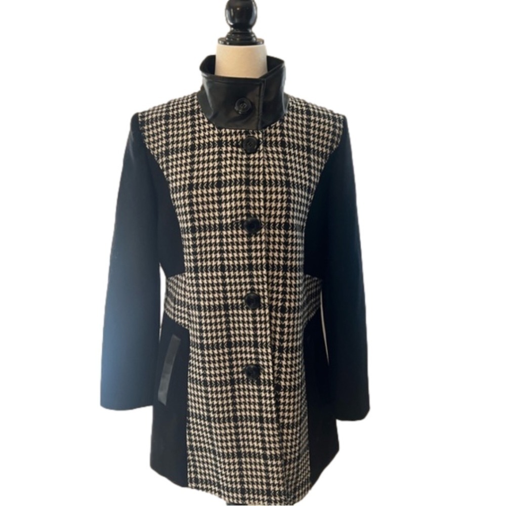 NWT Marcona Houndstooth Wool Blend Single Breasted Winter Coat with Leather Trim